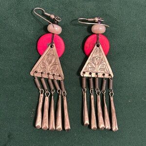 Vintage Silver Tone Embossed Long Dangle Fringe Pierced Earrings 3 1/4"